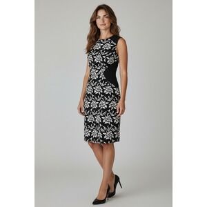 BCBG Max Azria‎ Sleeveless Sheath Dress Floral Print Black White Career Party